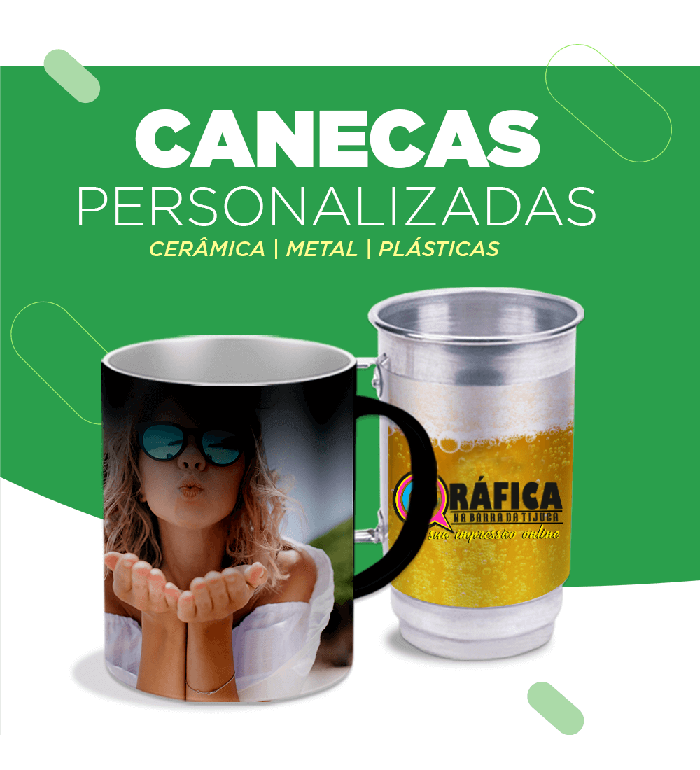 Canecas personalizadas por sublimação com logo e arte impressas na Gráfica na Barra da Tijuca