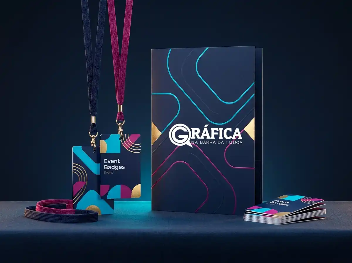 Credenciais com cordão personalizado e pastas corporativas para credenciamento de congresso
