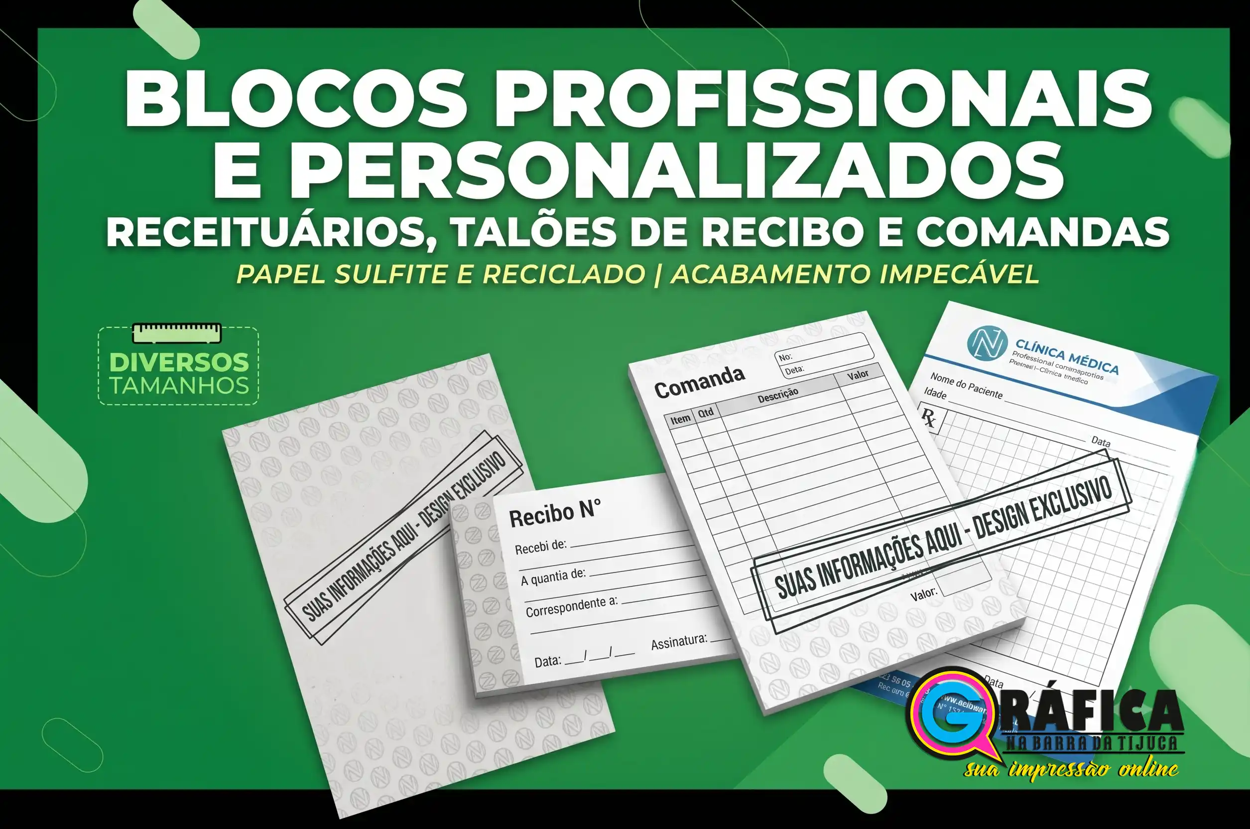 Blocos, comandas, talões e receituários personalizados impressos pela Gráfica na Barra da Tijuca